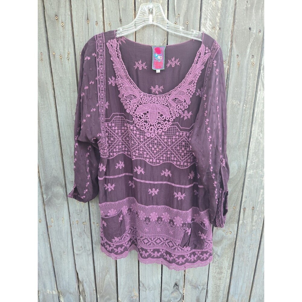 Johnny Was Cupra Rayon Embroidered Eyelet Tunic Top Size LARGE